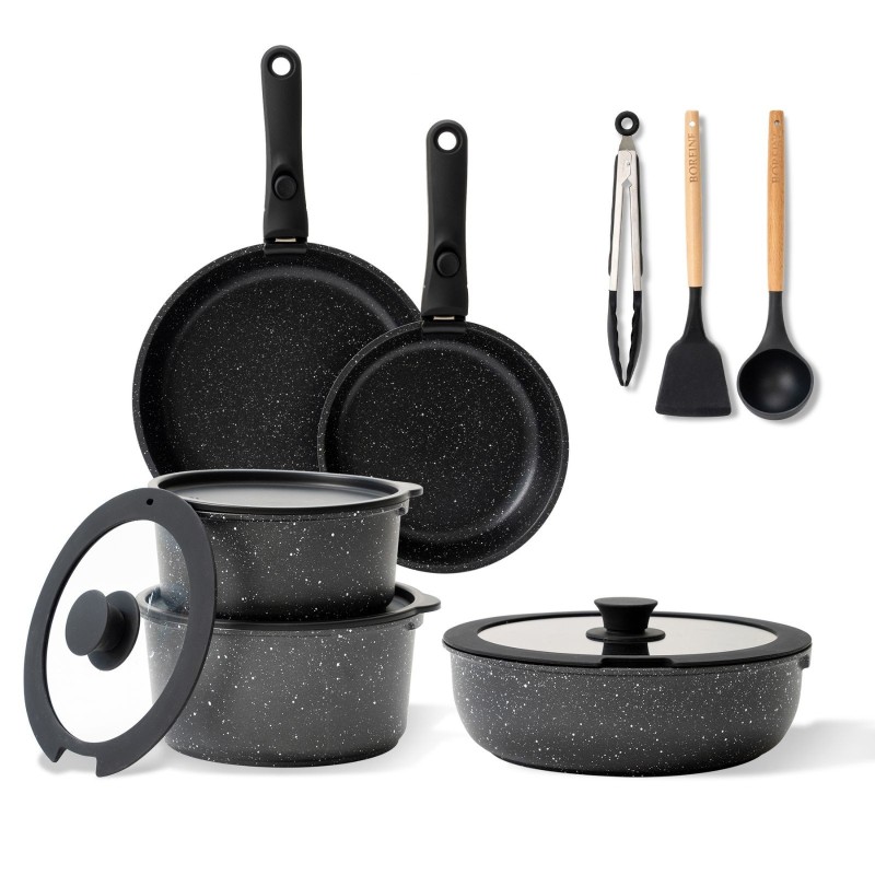 BOREINE 14pcs Black, Removable Handle, Pots and Pans Set for All Stoves, Induction Cookware Set, Non-stick BOREINE 14pcs Black, Removable Handle, Pots and Pans Set for All Stoves, Induction Cookware Set, Non-stick