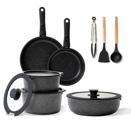 BOREINE 14pcs Black, Removable Handle, Pots and Pans Set for All Stoves, Induction Cookware Set, Non-stick