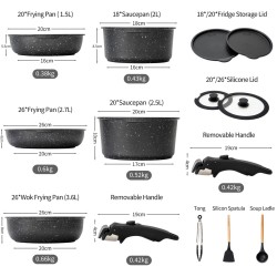 BOREINE 14pcs Black, Removable Handle, Pots and Pans Set for All Stoves, Induction Cookware Set, Non-stick