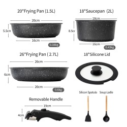 BOREINE 7pcs Black, Removable Handle, Pots and Pans Set for All Stoves, Induction Cookware Set, Non-stick