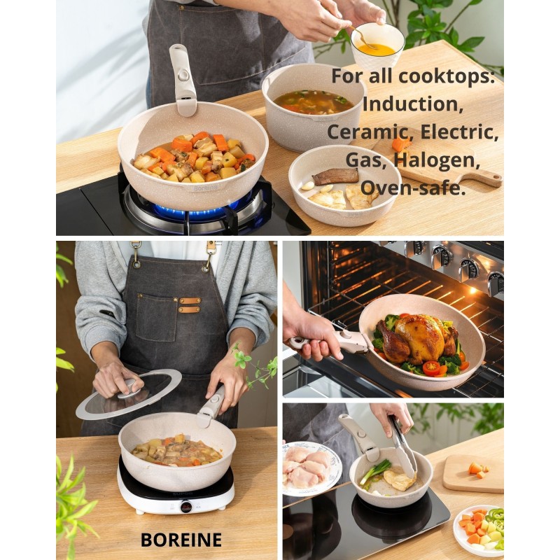 BOREINE 7pcs Brown, Removable Handle, Pots and Pans Set for All