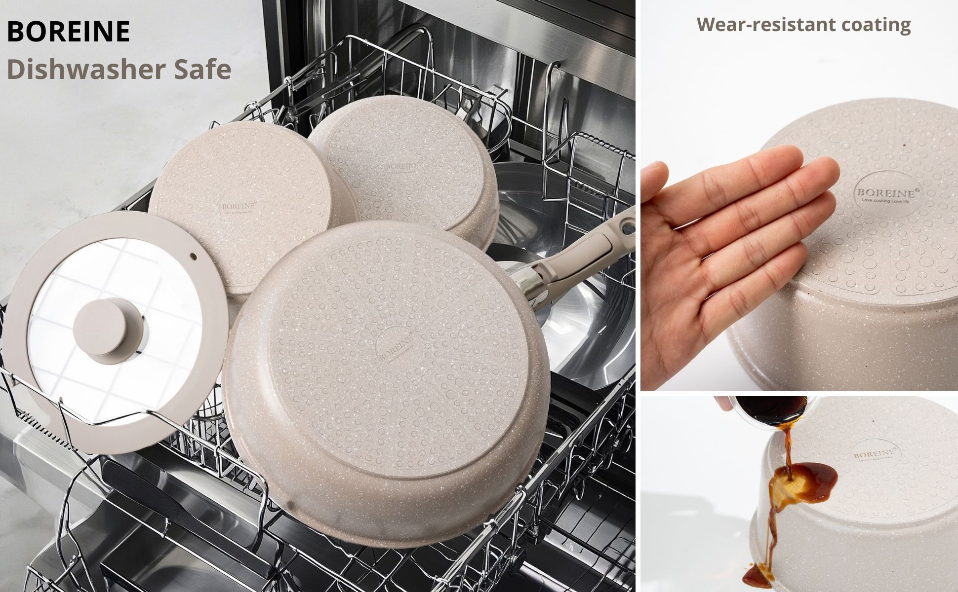 BOREINE dishwasher-safe pots and pans with anti-wear base