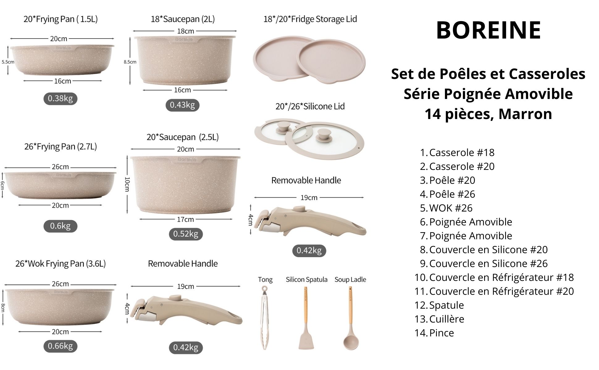 Batterie de cuisine BOREINE marron avec poignée amovible, 14 pièces