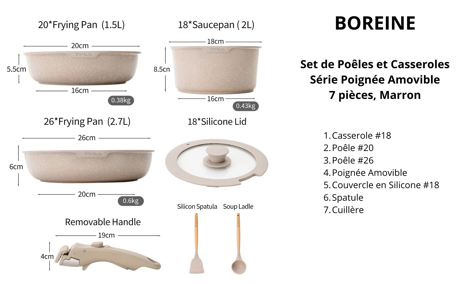Batterie de cuisine BOREINE marron avec poignée amovible, 7 pièces