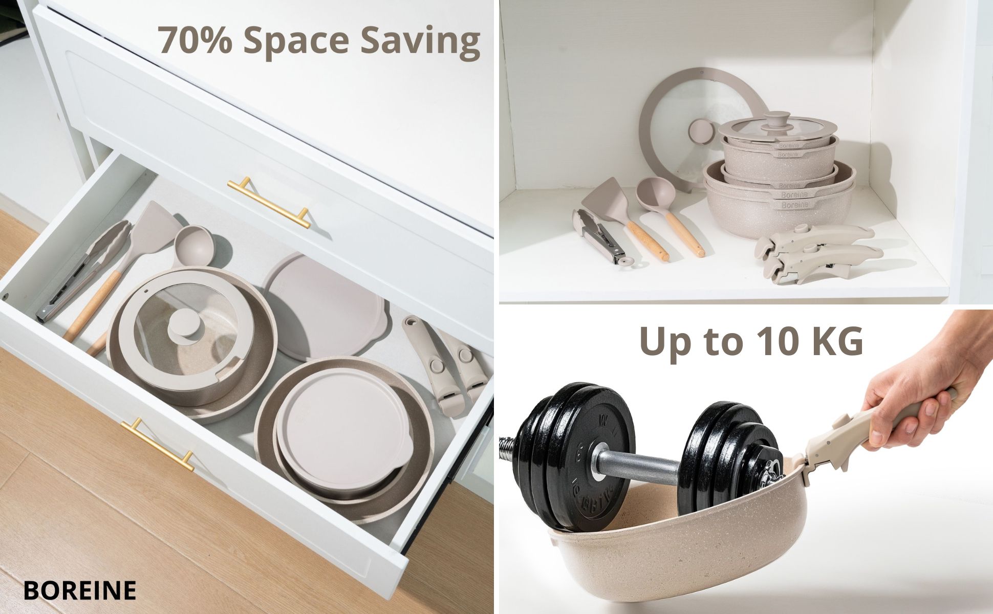 BOREINE stackable cookware with detachable handle