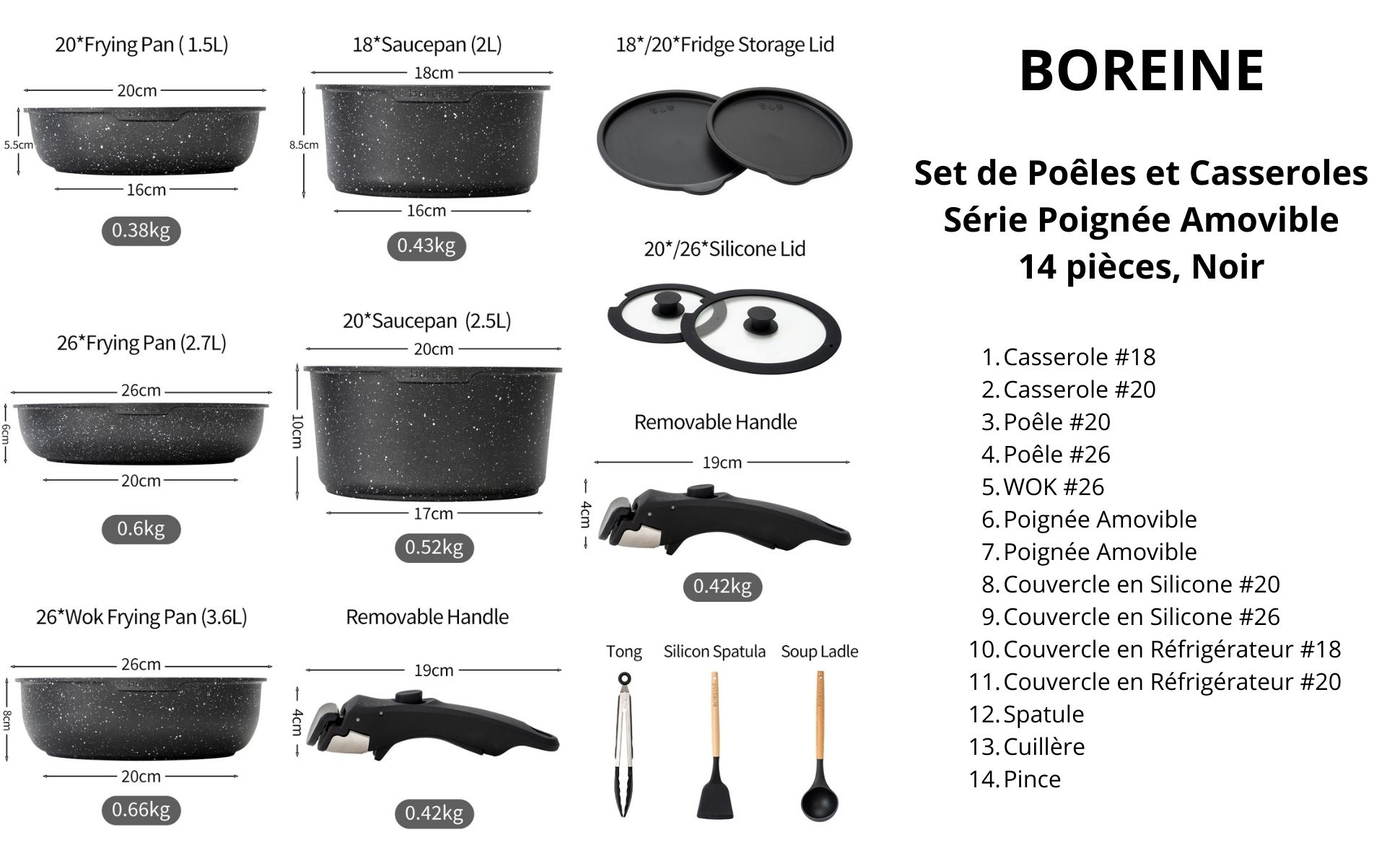 Batterie de cuisine BOREINE noire avec poignée amovible, 14 pièces