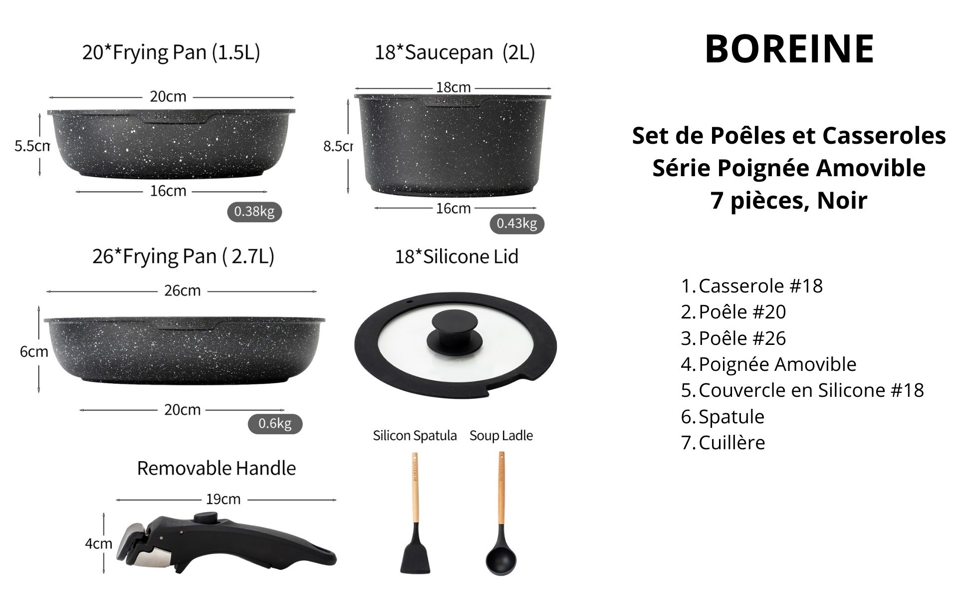 Batterie de cuisine BOREINE noire avec poignée amovible, 7 pièces
