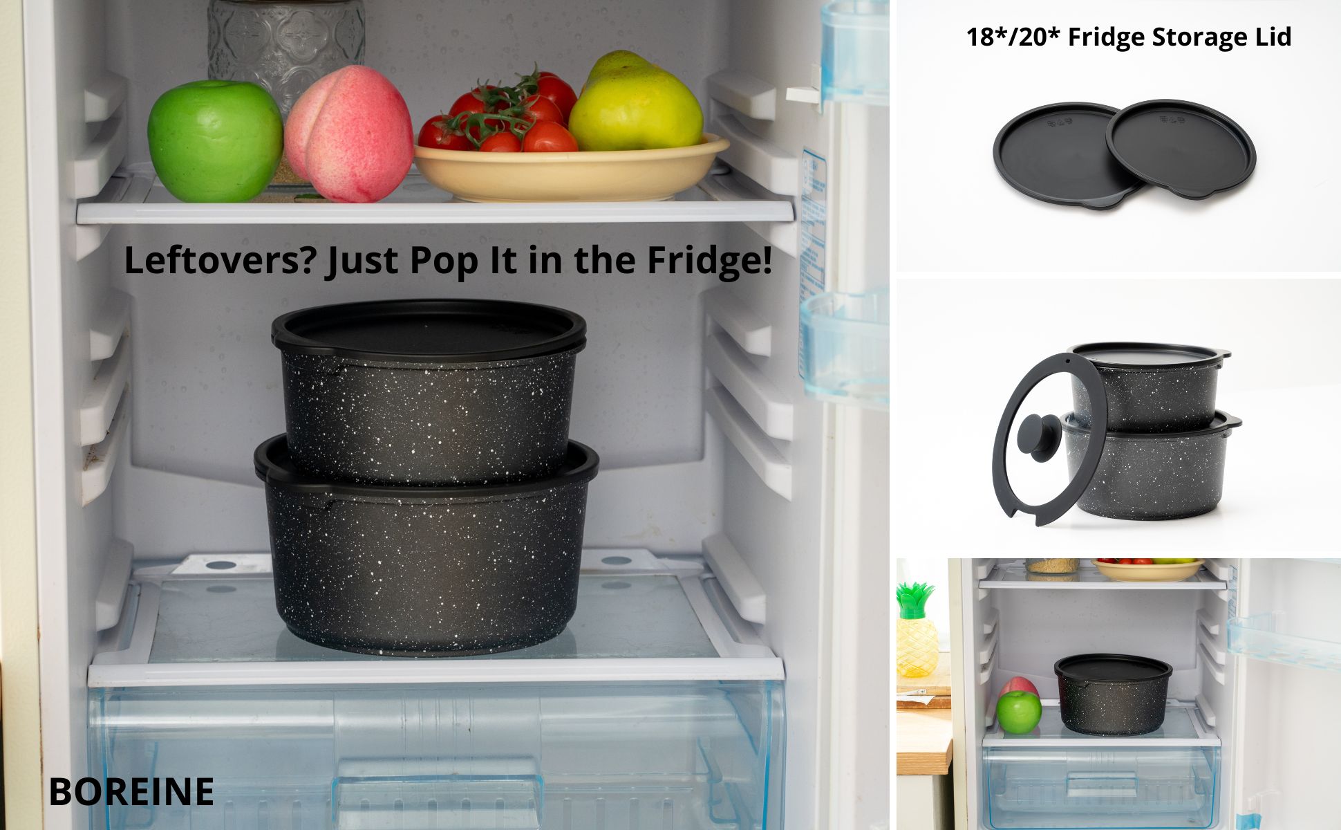 BOREINE pots with lids for refrigerator storage