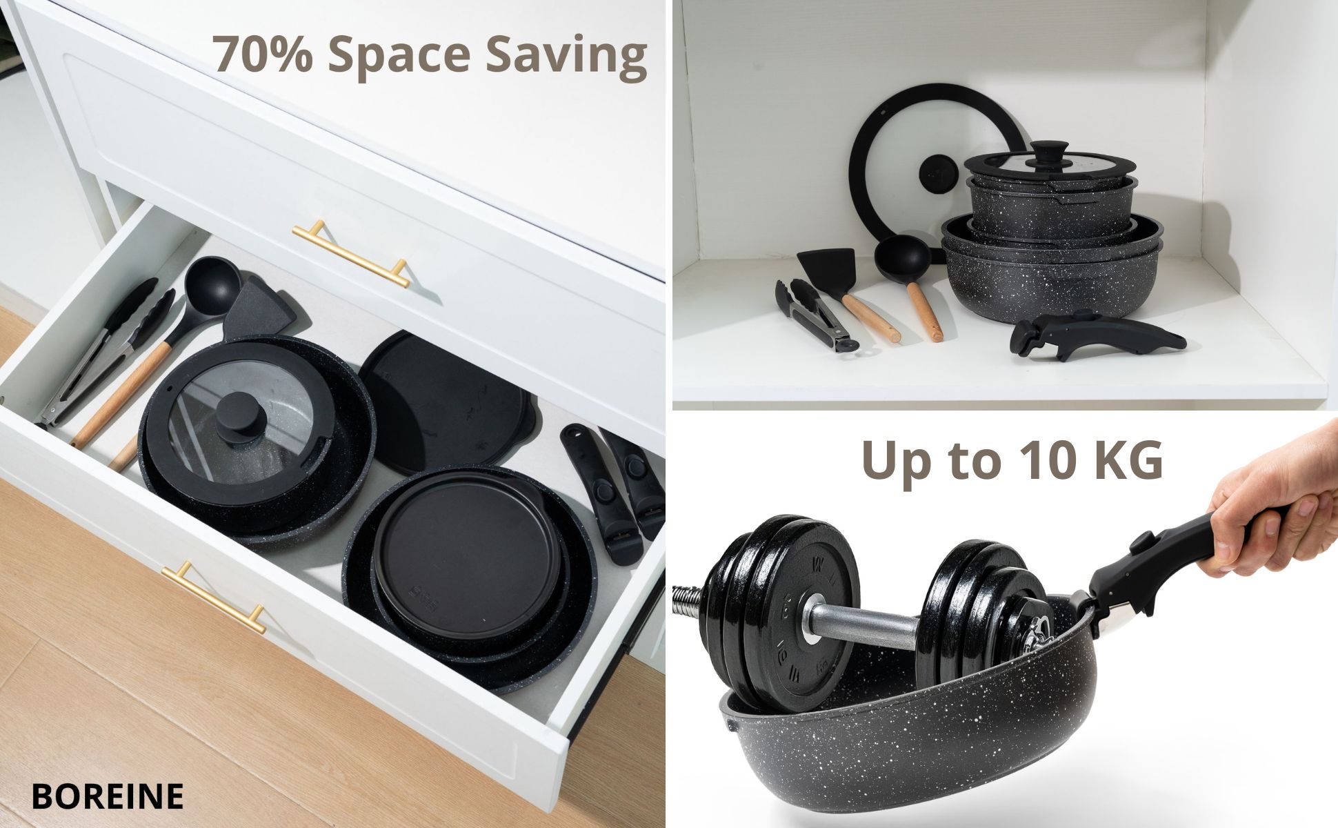 BOREINE stackable pans and pots with removable handle
