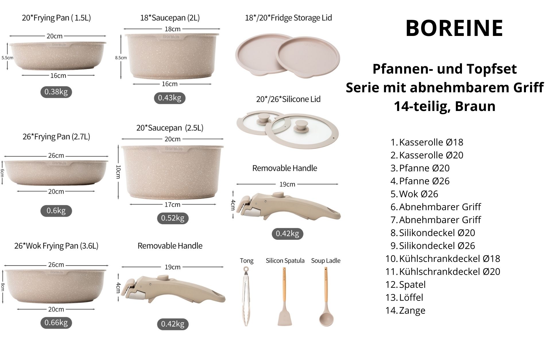 BOREINE Kochgeschirr-Set braun mit abnehmbarem Griff, 14-teilig