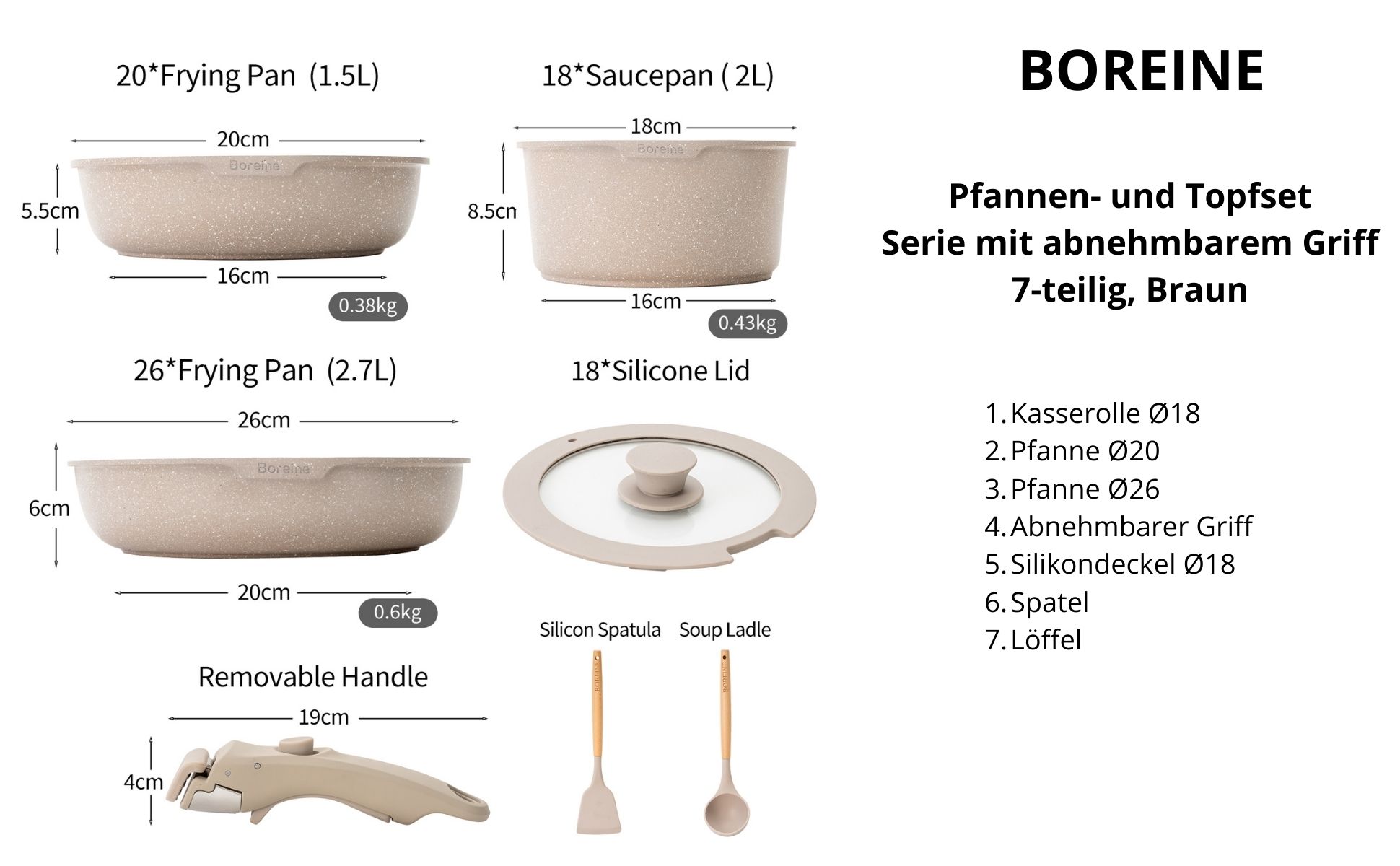 BOREINE Kochgeschirr-Set braun mit abnehmbarem Griff, 7-teilig
