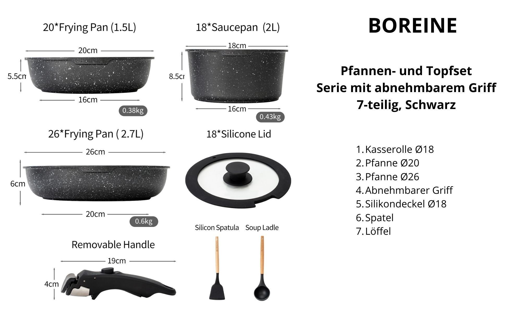 BOREINE Kochgeschirr-Set schwarz mit abnehmbarem Griff, 7-teilig