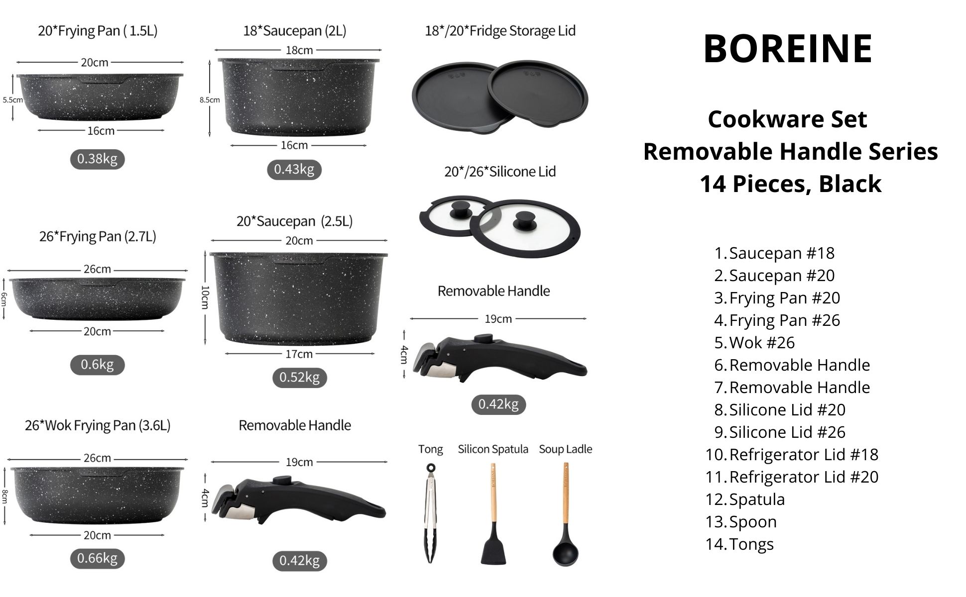 BOREINE black cookware set with removable handle, 14 pieces