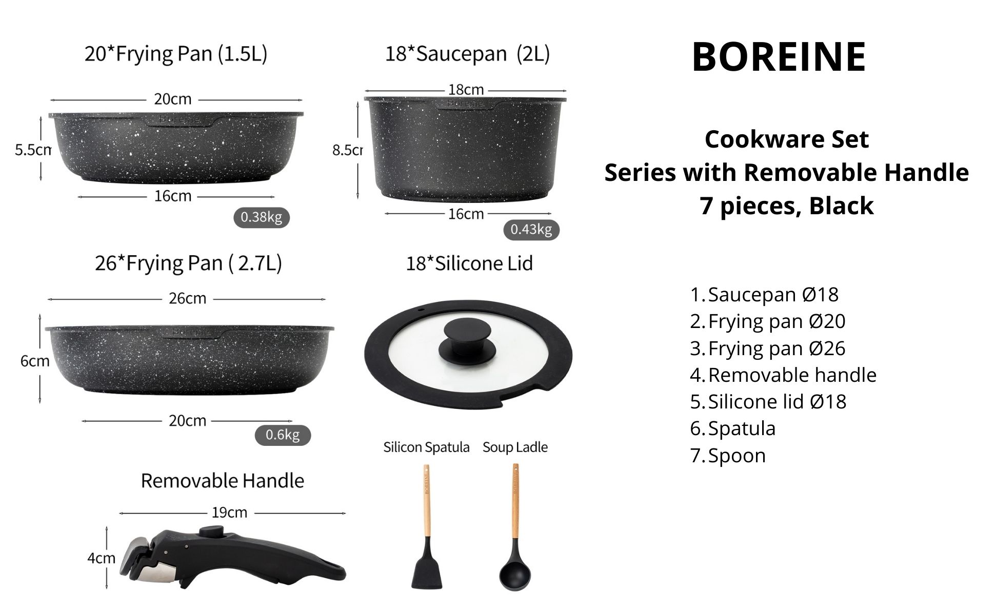 BOREINE black cookware set with removable handle, 7 pieces