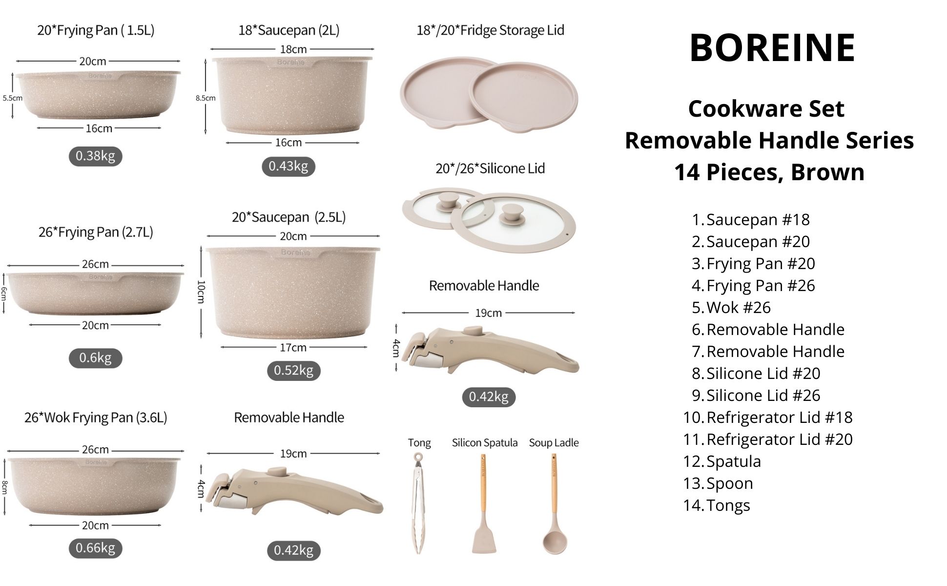 BOREINE brown cookware set with removable handle, 14 pieces
