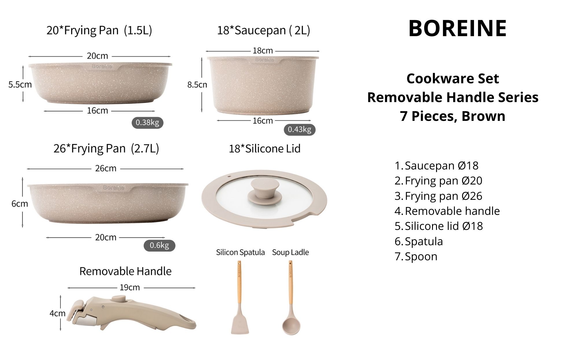 BOREINE brown cookware set with removable handle, 7 pieces